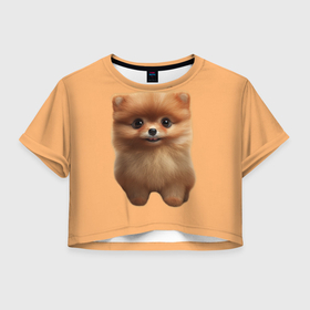 Женская футболка Crop-top 3D с принтом Забавный шпиц цветной в Санкт-Петербурге, 100% полиэстер | круглая горловина, длина футболки до линии талии, рукава с отворотами | 