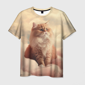 Мужская футболка 3D с принтом Кот в облаках цветной в Курске, 100% полиэфир | прямой крой, круглый вырез горловины, длина до линии бедер | 