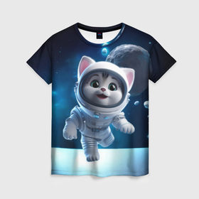 Женская футболка 3D с принтом Котёнок в космосе , 100% полиэфир ( синтетическое хлопкоподобное полотно) | прямой крой, круглый вырез горловины, длина до линии бедер | 