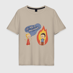 Мужская футболка хлопок Oversize с принтом С комиксом Да просто расслабься   горит в Санкт-Петербурге, 100% хлопок | свободный крой, круглый ворот, “спинка” длиннее передней части | Тематика изображения на принте: 