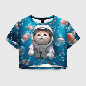 Женская футболка Crop-top 3D с принтом Котенок под водой , 100% полиэстер | круглая горловина, длина футболки до линии талии, рукава с отворотами | 