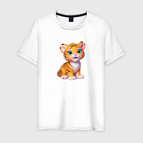 Мужская футболка хлопок с принтом Милый тигренок в Курске, 100% хлопок | прямой крой, круглый вырез горловины, длина до линии бедер, слегка спущенное плечо. | 