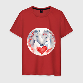 Мужская футболка хлопок с принтом Влюбленные белые лошади в Санкт-Петербурге, 100% хлопок | прямой крой, круглый вырез горловины, длина до линии бедер, слегка спущенное плечо. | 