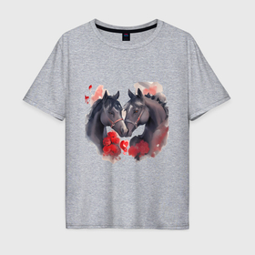 Мужская футболка хлопок Oversize с принтом Влюбленные вороные лошади , 100% хлопок | свободный крой, круглый ворот, “спинка” длиннее передней части | 