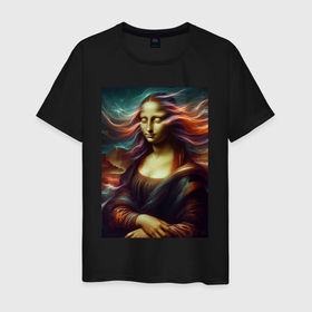 Мужская футболка хлопок с принтом Мона Лиза закрыла глаза в Екатеринбурге, 100% хлопок | прямой крой, круглый вырез горловины, длина до линии бедер, слегка спущенное плечо. | 
