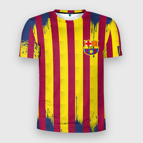 Мужская футболка 3D Slim с принтом Полосатые  цвета футбольного клуба Барселона в Новосибирске, 100% полиэстер с улучшенными характеристиками | приталенный силуэт, круглая горловина, широкие плечи, сужается к линии бедра | 