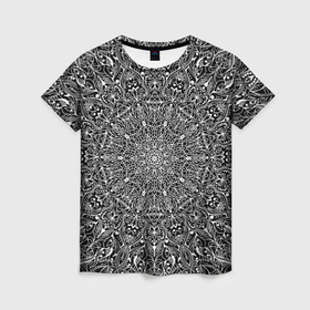 Женская футболка 3D с принтом Мандала чёрно белый ажурный в Белгороде, 100% полиэфир ( синтетическое хлопкоподобное полотно) | прямой крой, круглый вырез горловины, длина до линии бедер | 
