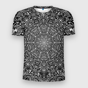 Мужская футболка 3D Slim с принтом Мандала чёрно белый ажурный в Белгороде, 100% полиэстер с улучшенными характеристиками | приталенный силуэт, круглая горловина, широкие плечи, сужается к линии бедра | 