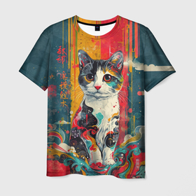 Мужская футболка 3D с принтом Удивительно красочный котик в Курске, 100% полиэфир | прямой крой, круглый вырез горловины, длина до линии бедер | 