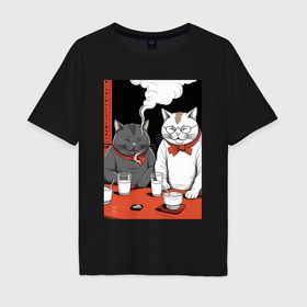 Мужская футболка хлопок Oversize с принтом MoMo   Смеющиеся коты в японском стиле , 100% хлопок | свободный крой, круглый ворот, “спинка” длиннее передней части | Тематика изображения на принте: 