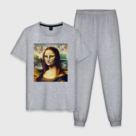 Мужская пижама хлопок с принтом Мона Лиза превращается в кошку в Белгороде, 100% хлопок | брюки и футболка прямого кроя, без карманов, на брюках мягкая резинка на поясе и по низу штанин
 | 