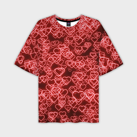 Мужская футболка oversize 3D с принтом Неоновые сердечки красные ,  |  | 