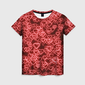 Женская футболка 3D с принтом Неоновые сердечки красные в Екатеринбурге, 100% полиэфир ( синтетическое хлопкоподобное полотно) | прямой крой, круглый вырез горловины, длина до линии бедер | 