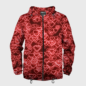 Мужская ветровка 3D с принтом Неоновые сердечки красные в Белгороде, 100% полиэстер | подол и капюшон оформлены резинкой с фиксаторами, два кармана без застежек по бокам, один потайной карман на груди | 