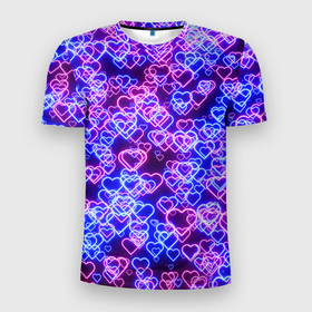 Мужская футболка 3D Slim с принтом Неоновые сердечки сине розовые в Петрозаводске, 100% полиэстер с улучшенными характеристиками | приталенный силуэт, круглая горловина, широкие плечи, сужается к линии бедра | Тематика изображения на принте: 