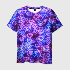 Мужская футболка 3D с принтом Неоновые сердечки сине розовые в Петрозаводске, 100% полиэфир | прямой крой, круглый вырез горловины, длина до линии бедер | Тематика изображения на принте: 