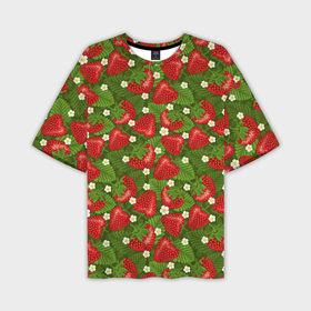 Мужская футболка oversize 3D с принтом Клубника с листьями на зелёном фоне в Курске,  |  | Тематика изображения на принте: 