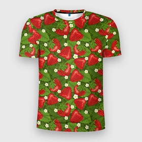 Мужская футболка 3D Slim с принтом Клубника с листьями на зелёном фоне в Екатеринбурге, 100% полиэстер с улучшенными характеристиками | приталенный силуэт, круглая горловина, широкие плечи, сужается к линии бедра | 