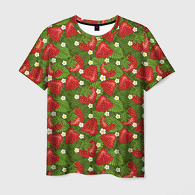 Мужская футболка 3D с принтом Клубника с листьями на зелёном фоне в Курске, 100% полиэфир | прямой крой, круглый вырез горловины, длина до линии бедер | Тематика изображения на принте: 