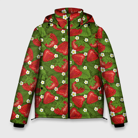 Мужская зимняя куртка 3D с принтом Клубника с листьями на зелёном фоне в Екатеринбурге, верх — 100% полиэстер; подкладка — 100% полиэстер; утеплитель — 100% полиэстер | длина ниже бедра, свободный силуэт Оверсайз. Есть воротник-стойка, отстегивающийся капюшон и ветрозащитная планка. 

Боковые карманы с листочкой на кнопках и внутренний карман на молнии. | 