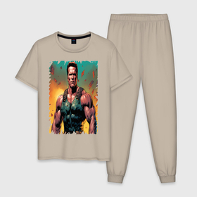 Мужская пижама хлопок с принтом Арнольд Шварценеггер арни , 100% хлопок | брюки и футболка прямого кроя, без карманов, на брюках мягкая резинка на поясе и по низу штанин
 | 