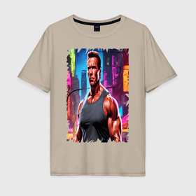 Мужская футболка хлопок Oversize с принтом Арнольд Шварценеггер в городе , 100% хлопок | свободный крой, круглый ворот, “спинка” длиннее передней части | 