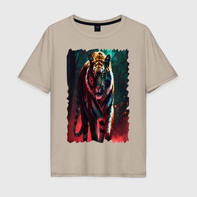 Мужская футболка хлопок Oversize с принтом Тигр в горящем лесу в Тюмени, 100% хлопок | свободный крой, круглый ворот, “спинка” длиннее передней части | 