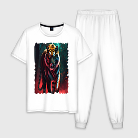 Мужская пижама хлопок с принтом Тигр в горящем лесу в Курске, 100% хлопок | брюки и футболка прямого кроя, без карманов, на брюках мягкая резинка на поясе и по низу штанин
 | 