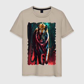 Мужская футболка хлопок с принтом Тигр в горящем лесу в Санкт-Петербурге, 100% хлопок | прямой крой, круглый вырез горловины, длина до линии бедер, слегка спущенное плечо. | Тематика изображения на принте: 