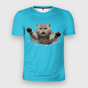 Мужская футболка 3D Slim с принтом Прыжок кошки в Ухте, 100% полиэстер с улучшенными характеристиками | приталенный силуэт, круглая горловина, широкие плечи, сужается к линии бедра | Тематика изображения на принте: 