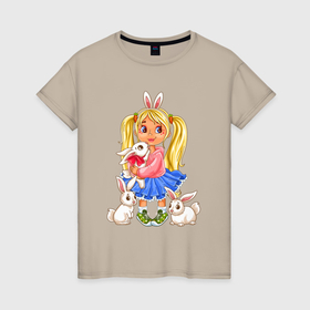 Женская футболка хлопок с принтом Девочка блондика с кроликами в Кировске, 100% хлопок | прямой крой, круглый вырез горловины, длина до линии бедер, слегка спущенное плечо | 