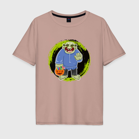 Мужская футболка хлопок Oversize с принтом Мультяшный зеленый тролль к конфетами , 100% хлопок | свободный крой, круглый ворот, “спинка” длиннее передней части | 