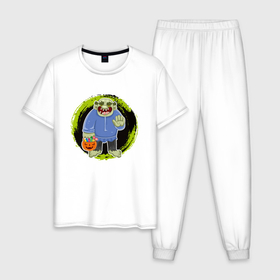 Мужская пижама хлопок с принтом Мультяшный зеленый тролль к конфетами в Новосибирске, 100% хлопок | брюки и футболка прямого кроя, без карманов, на брюках мягкая резинка на поясе и по низу штанин
 | 