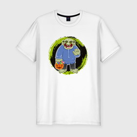 Мужская футболка хлопок Slim с принтом Мультяшный зеленый тролль к конфетами в Новосибирске, 92% хлопок, 8% лайкра | приталенный силуэт, круглый вырез ворота, длина до линии бедра, короткий рукав | 