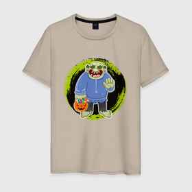 Мужская футболка хлопок с принтом Мультяшный зеленый тролль к конфетами в Новосибирске, 100% хлопок | прямой крой, круглый вырез горловины, длина до линии бедер, слегка спущенное плечо. | 