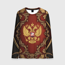 Мужской лонгслив 3D с принтом Золотой герб России на красном фоне лепнина в Курске, 100% полиэстер | длинные рукава, круглый вырез горловины, полуприлегающий силуэт | 