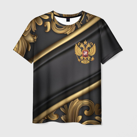 Мужская футболка 3D с принтом Золотой герб России на черном фоне лепнина , 100% полиэфир | прямой крой, круглый вырез горловины, длина до линии бедер | Тематика изображения на принте: 