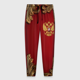 Мужские брюки 3D с принтом Золотой герб России лепнина красный фон в Курске, 100% полиэстер | манжеты по низу, эластичный пояс регулируется шнурком, по бокам два кармана без застежек, внутренняя часть кармана из мелкой сетки | 