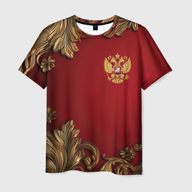 Мужская футболка 3D с принтом Золотой герб России лепнина красный фон в Екатеринбурге, 100% полиэфир | прямой крой, круглый вырез горловины, длина до линии бедер | 