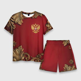 Мужской костюм с шортами 3D с принтом Золотой герб России лепнина красный фон в Тюмени,  |  | Тематика изображения на принте: 