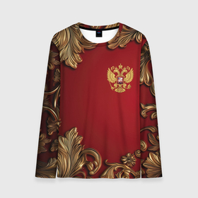 Мужской лонгслив 3D с принтом Золотой герб России лепнина красный фон в Екатеринбурге, 100% полиэстер | длинные рукава, круглый вырез горловины, полуприлегающий силуэт | 