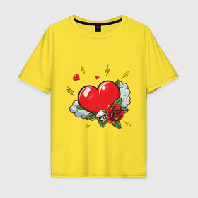 Мужская футболка хлопок Oversize с принтом Сердце с розой и черепом в Тюмени, 100% хлопок | свободный крой, круглый ворот, “спинка” длиннее передней части | Тематика изображения на принте: 