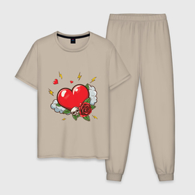 Мужская пижама хлопок с принтом Сердце с розой и черепом в Курске, 100% хлопок | брюки и футболка прямого кроя, без карманов, на брюках мягкая резинка на поясе и по низу штанин
 | 