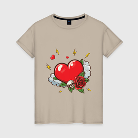 Женская футболка хлопок с принтом Сердце с розой и черепом в Курске, 100% хлопок | прямой крой, круглый вырез горловины, длина до линии бедер, слегка спущенное плечо | 