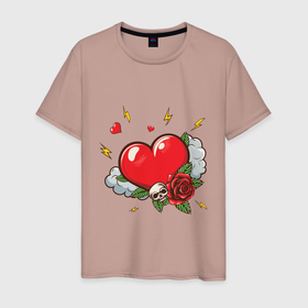 Мужская футболка хлопок с принтом Сердце с розой и черепом в Санкт-Петербурге, 100% хлопок | прямой крой, круглый вырез горловины, длина до линии бедер, слегка спущенное плечо. | 
