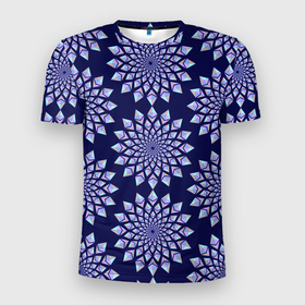 Мужская футболка 3D Slim с принтом Криптовалюта Эфириум паттерн по кругу на синем в Санкт-Петербурге, 100% полиэстер с улучшенными характеристиками | приталенный силуэт, круглая горловина, широкие плечи, сужается к линии бедра | 