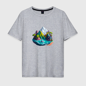 Мужская футболка хлопок Oversize с принтом Красочный остров с горами в Екатеринбурге, 100% хлопок | свободный крой, круглый ворот, “спинка” длиннее передней части | Тематика изображения на принте: 