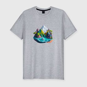 Мужская футболка хлопок Slim с принтом Красочный остров с горами в Петрозаводске, 92% хлопок, 8% лайкра | приталенный силуэт, круглый вырез ворота, длина до линии бедра, короткий рукав | 