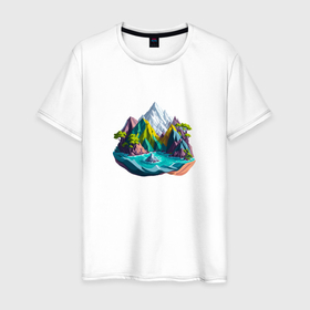 Мужская футболка хлопок с принтом Красочный остров с горами в Екатеринбурге, 100% хлопок | прямой крой, круглый вырез горловины, длина до линии бедер, слегка спущенное плечо. | Тематика изображения на принте: 