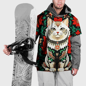Накидка на куртку 3D с принтом Белая кошка с узорами и цветами в Курске, 100% полиэстер |  | 